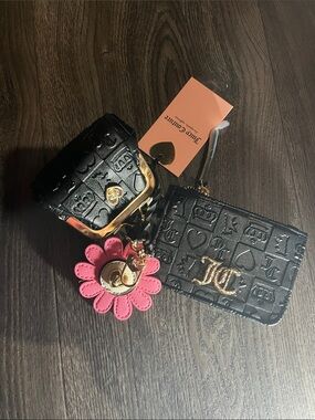Exclusive Juicy Couture Black Embossed Leather Wallet Set with Pink Flower Charm